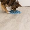 Hond eet langzaam uit de voedermat Pillars op de keukenvloer