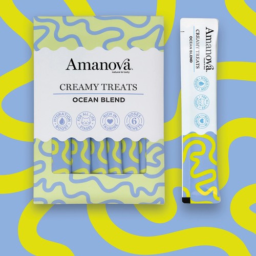 Doos Amanova Creamy Treats Ocean Blend romige kattensnack met 6 sachets en een los sachet
