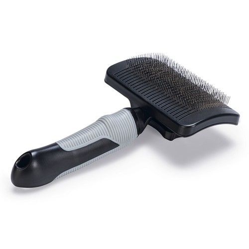 Slickerborstel van Beeztees met grijze softgrip handgreep en metalen pinnen