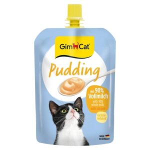 GimCat Pudding voor katten in knijpzak met gele draaidop, gemaakt van 90% volle melk met calcium