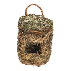 Vogelnest van gedroogd berggras met groen dak en gevlochten ophangoog