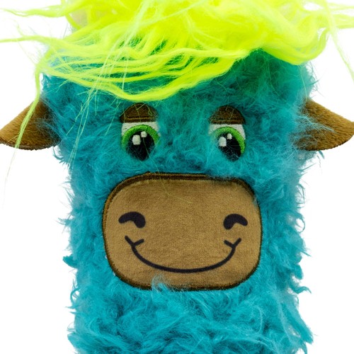 Close up van de turquoise Kickeroo koe met geborduurd snuitje en hoorntjes