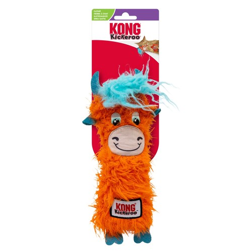 Oranje KONG Kickeroo Highland Cow met blauwe kuif in de verpakking