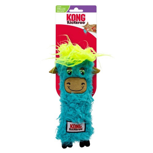 KONG Kickeroo Highland Cow in turquoise met gele kuif in de verpakking