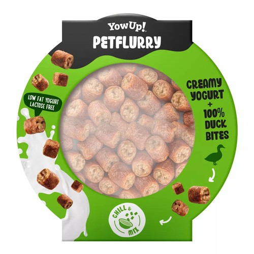Bovenkant van YowUp! Petflurry met de stukjes eend in een apart vakje