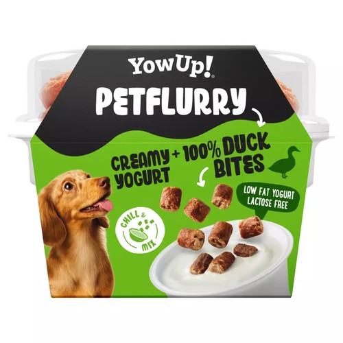 YowUp! Petflurry hondenyoghurt met stukjes eend, voorkant van het bakje