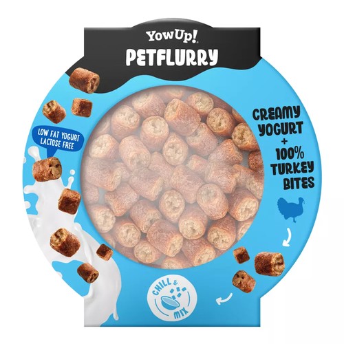 Bovenkant van YowUp! Petflurry met de stukjes kalkoen in een apart vakje