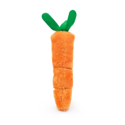 Achterkant van de oranje pluche wortel kattenkicker met catnip